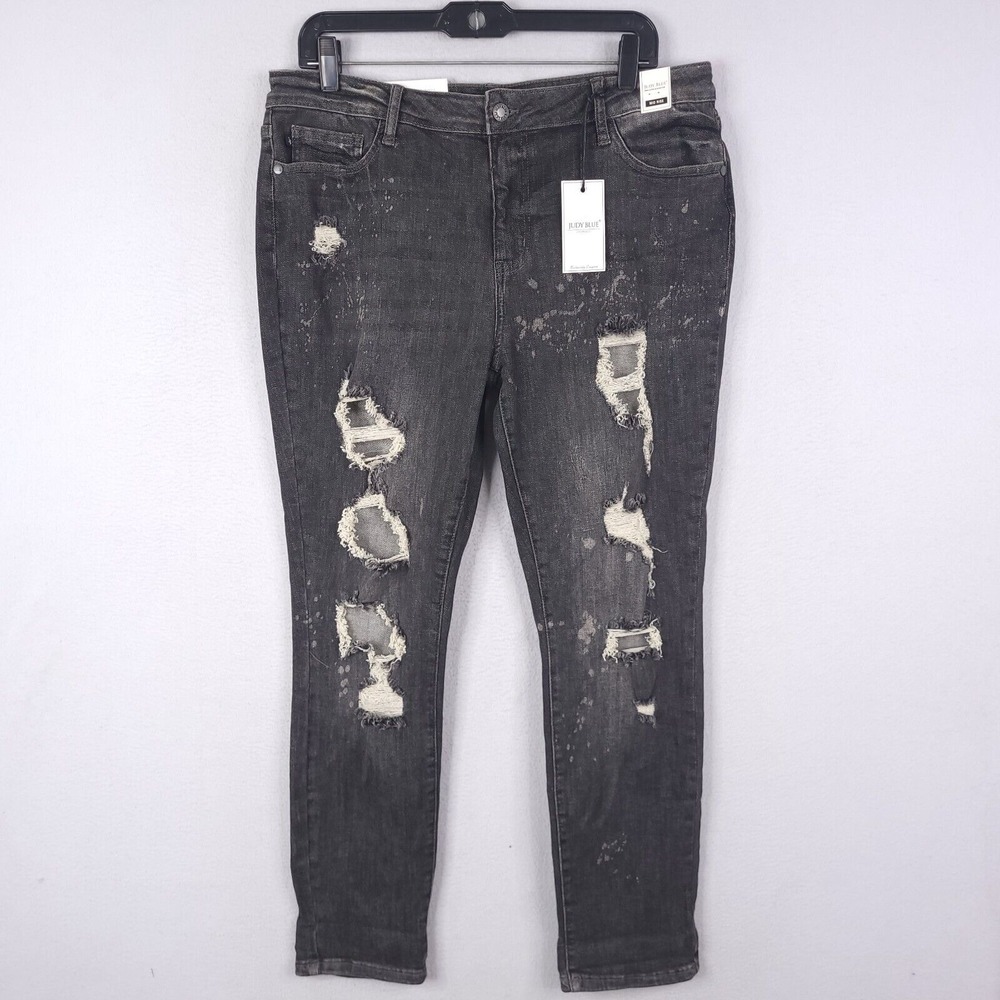 Judy Blue  Boyfriend Fit Jeans Womens Distressed Splattered Black 15/32 Mid Rise